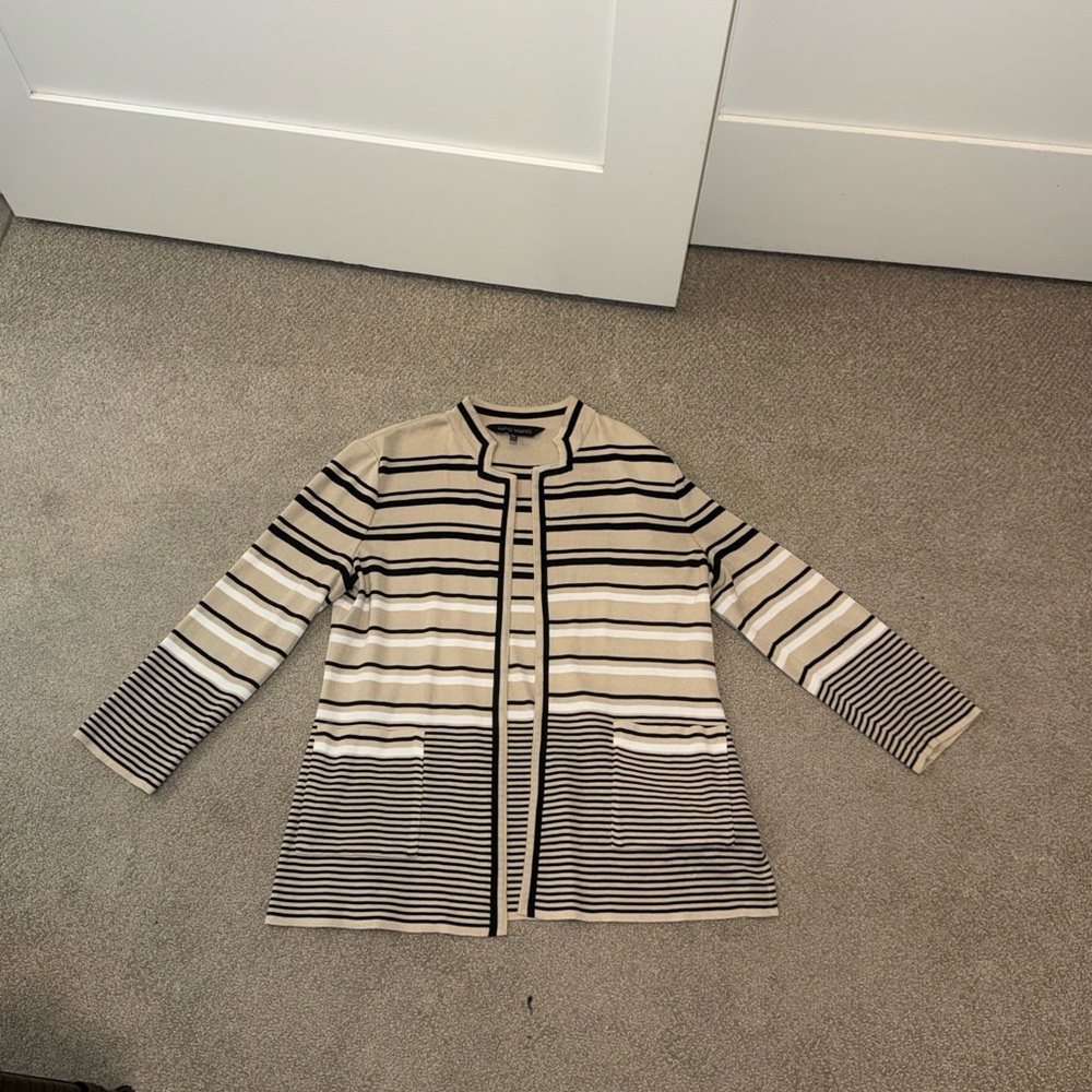 Ming Wang Cream and Black Striped Open-Front Jacket